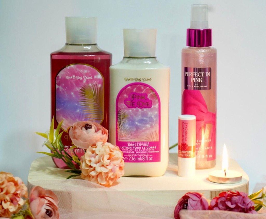 Bath and body products arranged